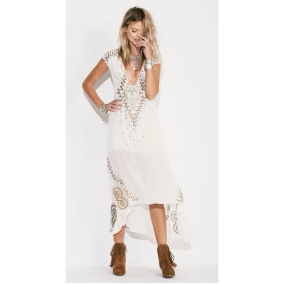 Jen's Pirate booty High Low Ivory Gold V Neck Beads Embroidered Zip Medium Boho - Picture 1 of 16